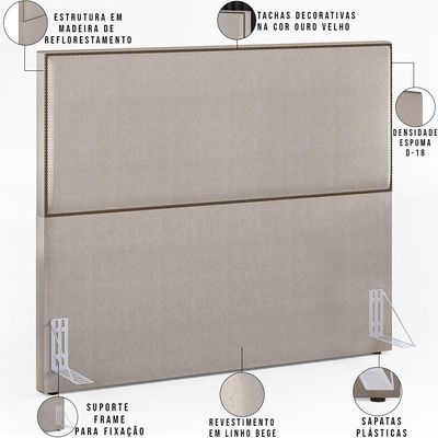 Cabeceira Cama Box Casal Com Tachas 160 cm Vicenza L02 Linho Bege - Lyam Decor