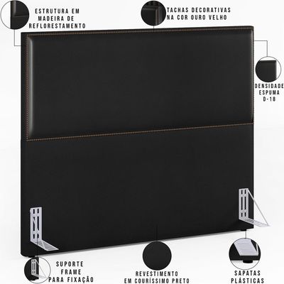 Cabeceira Cama Box Casal Queen Com Tachas 160 cm Vicenza L02 Couríssimo Preto - Lyam Decor