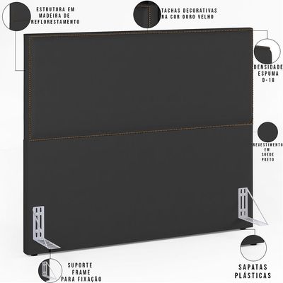 Cabeceira Cama Box Casal Queen Com Tachas 160 cm Vicenza L02 Suede Preto - Lyam Decor