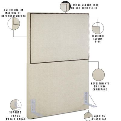 Cabeceira Cama Box Solteiro Com Tachas 100 cm Vicenza L02 Linho Champagne - Lyam Decor