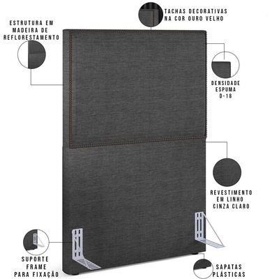 Cabeceira Cama Box Solteiro Com Tachas 100 cm Vicenza L02 Linho Cinza Escuro - Lyam Decor