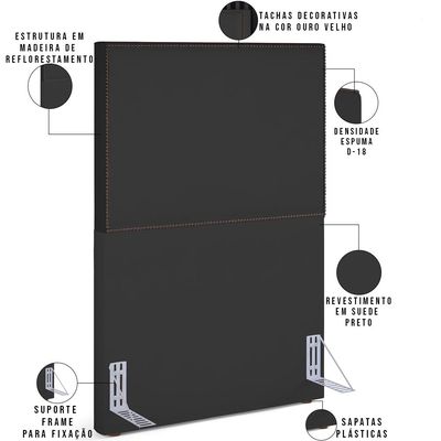Cabeceira Cama Box Solteiro Com Tachas 100 cm Vicenza L02 Suede Preto - Lyam Decor