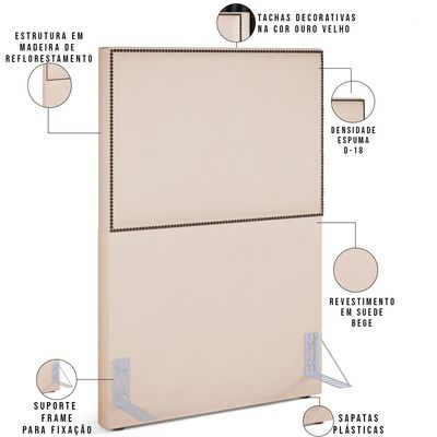 Cabeceira Cama Box Solteiro Com Tachas 100 cm Vicenza L02 Suede Bege - Lyam Decor