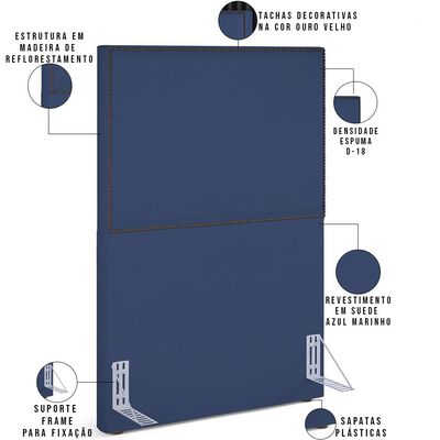 Cabeceira Cama Box Solteiro Com Tachas 100 cm Vicenza L02 Suede Azul Marinho - Lyam Decor