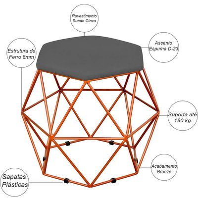 Kit 02 Puffs Decorativo Aramado Bronze Six L02 Suede Cinza - Lyam Decor