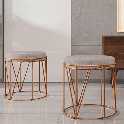 Kit 02 Puffs Decorativo Aramado Bronze Zaya L02 Linho Bege - Lyam Decor