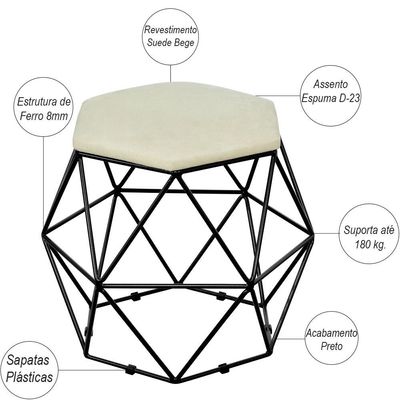 Kit 02 Puffs Decorativo Aramado Preto Six L02 Suede Bege - Lyam Decor