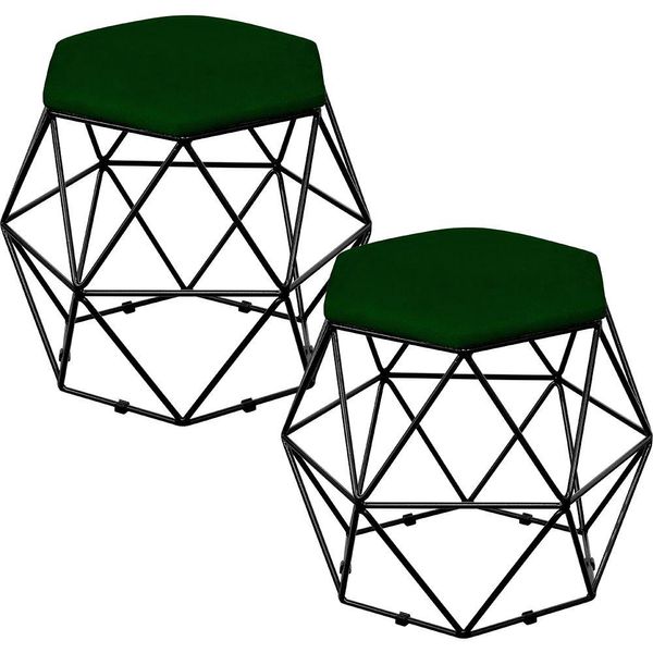 Kit 02 Puffs Decorativo Aramado Preto Six L02 Suede Verde Musgo - Lyam Decor