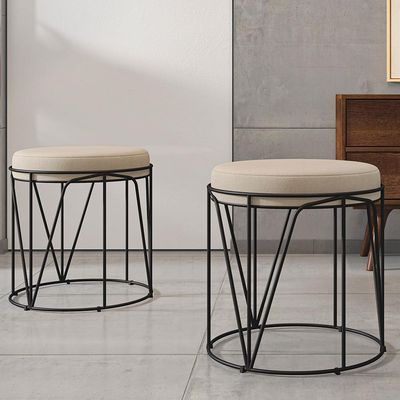 Kit 02 Puffs Decorativo Aramado Preto Zaya L02 Suede Bege - Lyam Decor