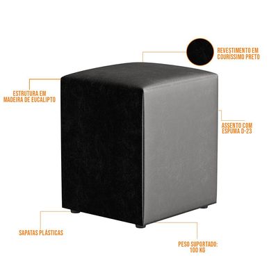 Kit 02 Puffs Quadrado L02 Decorativo Couríssimo Preto - Lyam Decor