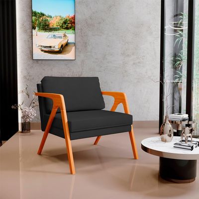 Kit 03 Poltronas Decorativa Para Sala Estar Pietra Estrutura De Madeira L02 Suede Preto - Lyam Decor