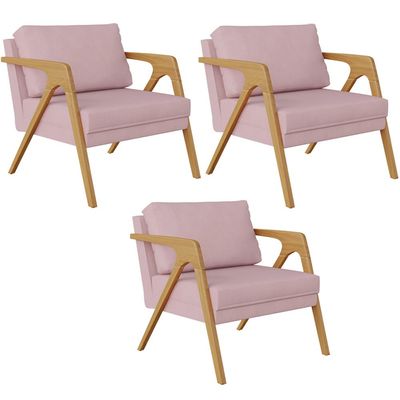 Kit 03 Poltronas Decorativas Para Sala Estar Pietra Estrutura De Madeira L02 Suede Rosê - Lyam Decor