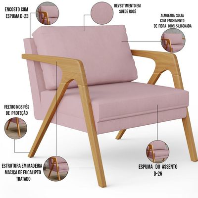 Kit 03 Poltronas Decorativas Para Sala Estar Pietra Estrutura De Madeira L02 Suede Rosê - Lyam Decor