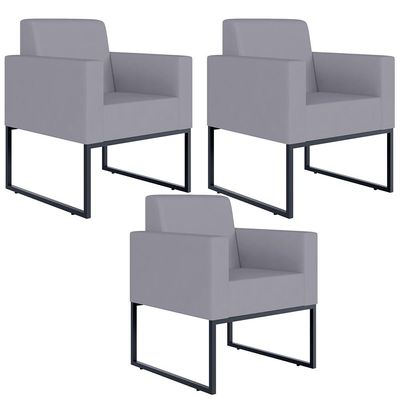 Kit 03 Poltronas Decorativas para Sala Recepção Base Fixa De Metal Helô L02 Suede Cinza - Lyam Decor