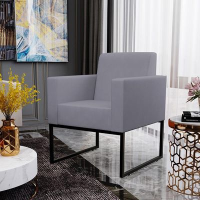 Kit 03 Poltronas Decorativas para Sala Recepção Base Fixa De Metal Helô L02 Suede Cinza - Lyam Decor