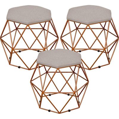 Kit 03 Puffs Decorativo Aramado Bronze Six L02 Linho Bege - Lyam Decor