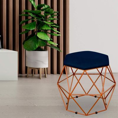 Kit 03 Puffs Decorativo Aramado Bronze Six L02 Suede Azul Marinho - Lyam Decor
