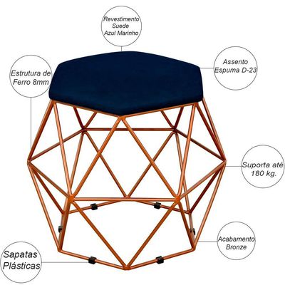Kit 03 Puffs Decorativo Aramado Bronze Six L02 Suede Azul Marinho - Lyam Decor
