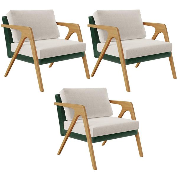Kit 03 Poltronas Decorativas Sala Estar Pietra L02 Facto Verde Musgo Linho Cru - Lyam Decor