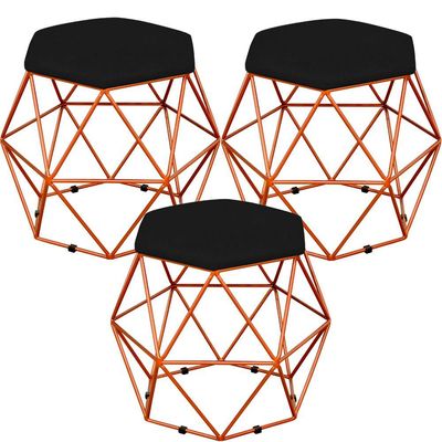 Kit 03 Puffs Decorativo Aramado Bronze Six L02 Suede Preto - Lyam Decor