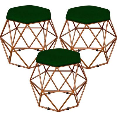 Kit 03 Puffs Decorativo Aramado Bronze Six L02 Suede Verde Musgo - Lyam Decor