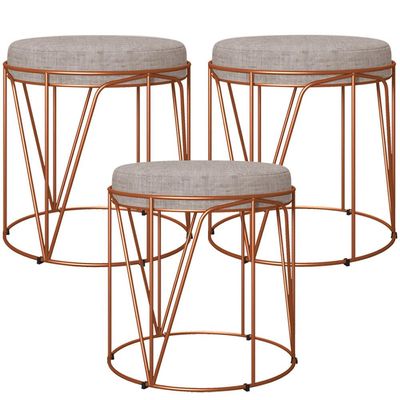 Kit 03 Puffs Decorativo Aramado Bronze Zaya L02 Linho Bege - Lyam Decor