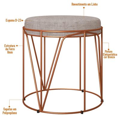 Kit 03 Puffs Decorativo Aramado Bronze Zaya L02 Linho Bege - Lyam Decor