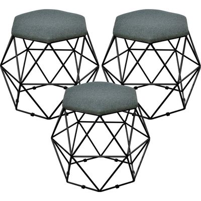 Kit 03 Puffs Decorativo Aramado Preto Six L02 Linho Chumbo - Lyam Decor