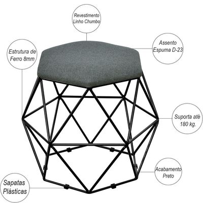 Kit 03 Puffs Decorativo Aramado Preto Six L02 Linho Chumbo - Lyam Decor