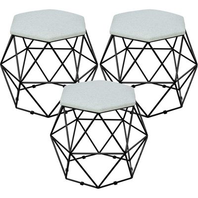 Kit 03 Puffs Decorativo Aramado Preto Six L02 Linho Cinza - Lyam Decor