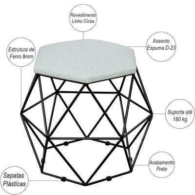 Kit 03 Puffs Decorativo Aramado Preto Six L02 Linho Cinza - Lyam Decor