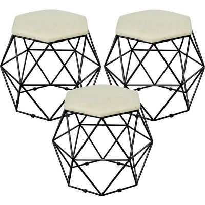 Kit 03 Puffs Decorativo Aramado Preto Six L02 Suede Bege - Lyam Decor