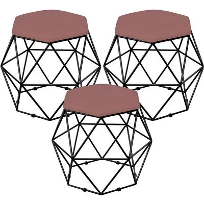 Kit 03 Puffs Decorativo Aramado Preto Six L02 Suede Rosê - Lyam Decor