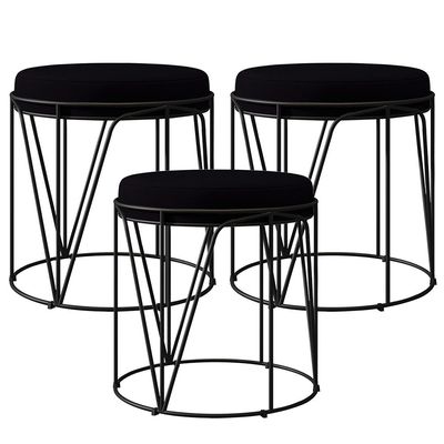 Kit 03 Puffs Decorativo Aramado Preto Zaya L02 Suede Preto - Lyam Decor