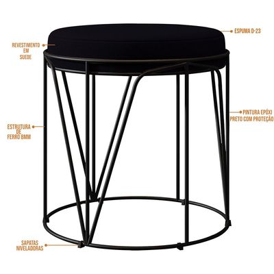 Kit 03 Puffs Decorativo Aramado Preto Zaya L02 Suede Preto - Lyam Decor