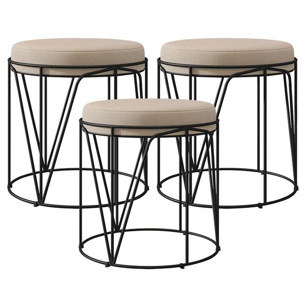 Kit 03 Puffs Decorativo Aramado Preto Zaya L02 Suede Bege - Lyam Decor Kit 03 Puffs Decorativo Aramado Preto Zaya L02 Suede Bege - Lyam Decor