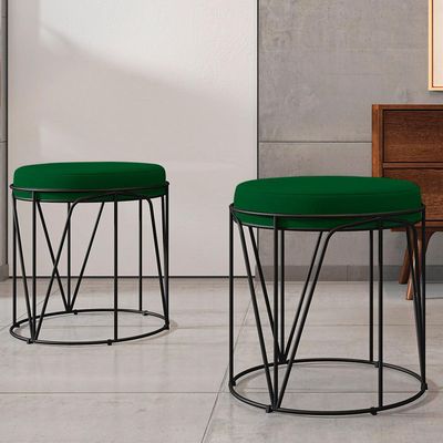 Kit 03 Puffs Decorativo Aramado Preto Zaya L02 Suede Verde Musgo - Lyam Decor