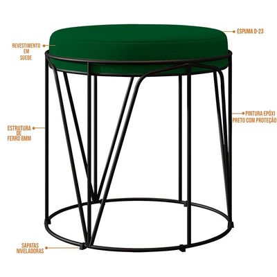 Kit 03 Puffs Decorativo Aramado Preto Zaya L02 Suede Verde Musgo - Lyam Decor