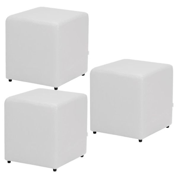 Kit 03 Puffs Quadrado L02 Decorativo Corino Branco - Lyam Decor
