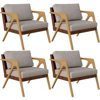 Kit 04 Poltronas Decorativas Para Sala De Estar Pietra L02 Couríssimo Marrom Linho Bege - Lyam Decor