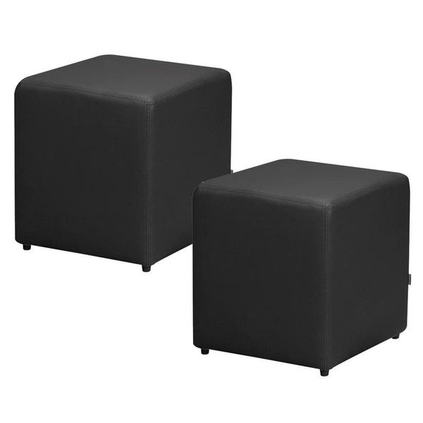 Kit 02 Puffs Quadrado L02 Decorativo Corino Preto - Lyam Decor