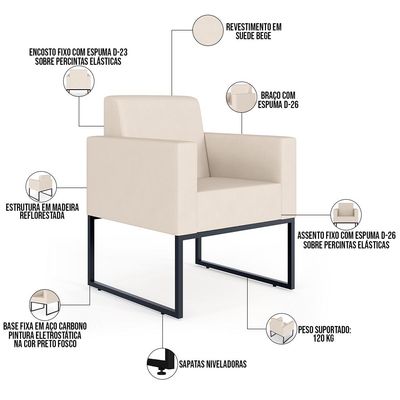 Kit 04 Poltronas Decorativas para Sala Recepção Base Fixa De Metal Helô L02 Suede Bege - Lyam Decor
