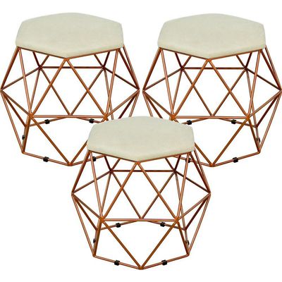 Kit 03 Puffs Decorativo Aramado Bronze Six L02 Suede Bege - Lyam Decor