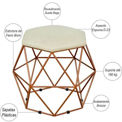 Kit 03 Puffs Decorativo Aramado Bronze Six L02 Suede Bege - Lyam Decor