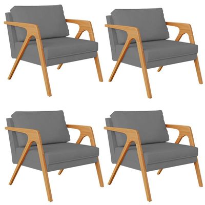Kit 04 Poltronas Decorativa Para Sala Estar Pietra Estrutura De Madeira L02 Suede Cinza - Lyam Decor