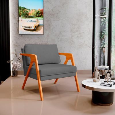 Kit 04 Poltronas Decorativa Para Sala Estar Pietra Estrutura De Madeira L02 Suede Cinza - Lyam Decor