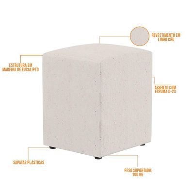 Kit 03 Puffs Quadrado L02 Decorativo Linho Cru - Lyam Decor