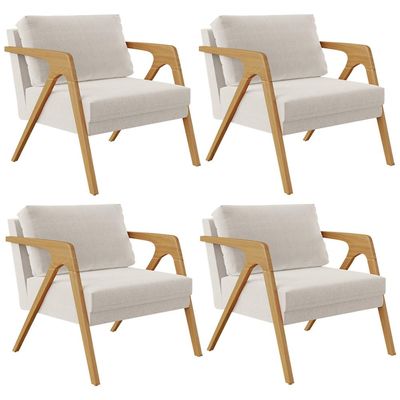 Kit 04 Poltronas Decorativas Para Sala Estar Pietra Estrutura De Madeira L02 Linho Cru - Lyam Decor