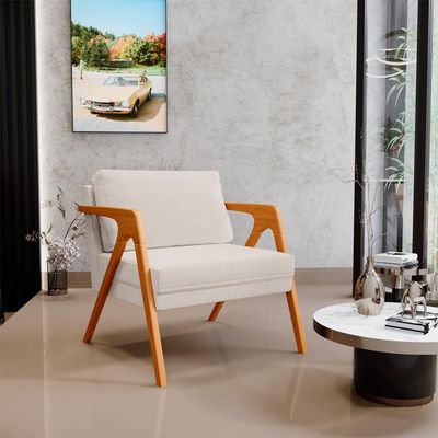 Kit 04 Poltronas Decorativas Para Sala Estar Pietra Estrutura De Madeira L02 Linho Cru - Lyam Decor