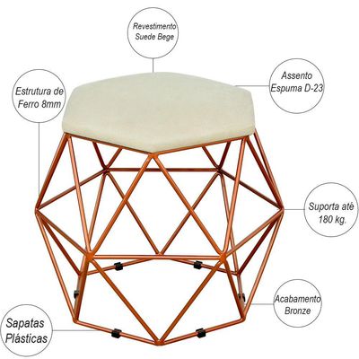 Puff Decorativo Aramado Bronze Six L02 Suede Bege - Lyam Decor